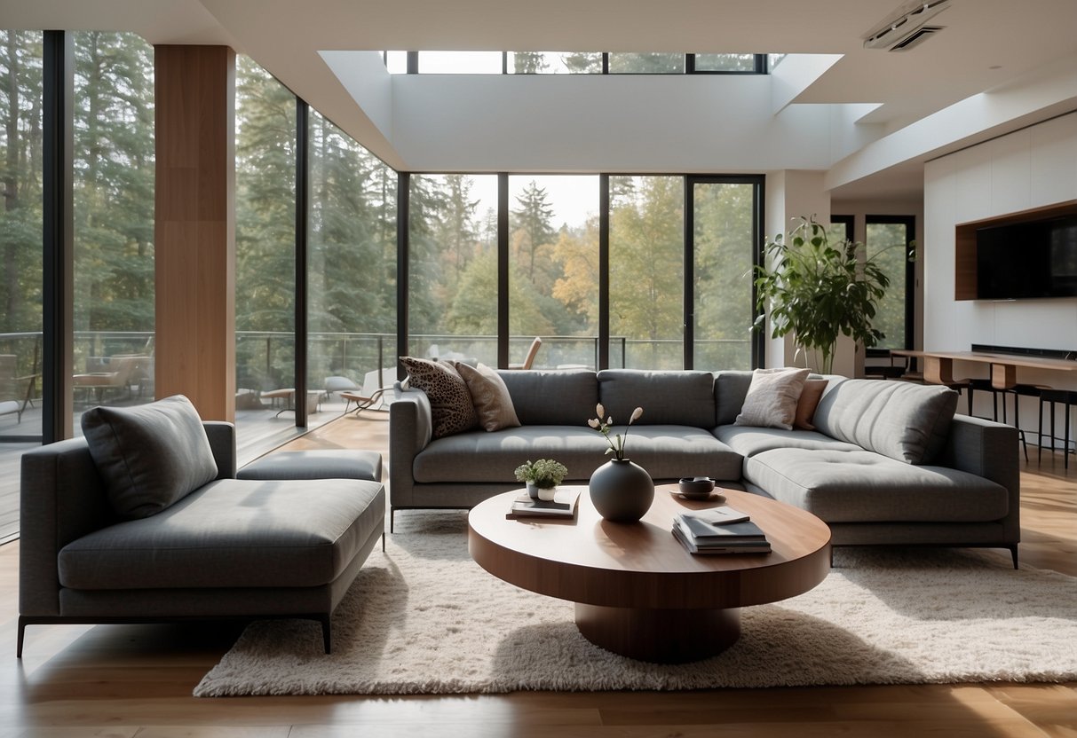 A modern living room with sleek furniture, clean lines, and a minimalist design. A large, comfortable sofa sits in the center, surrounded by contemporary coffee tables and stylish accent chairs. The room is bathed in natural light from large windows, creating a