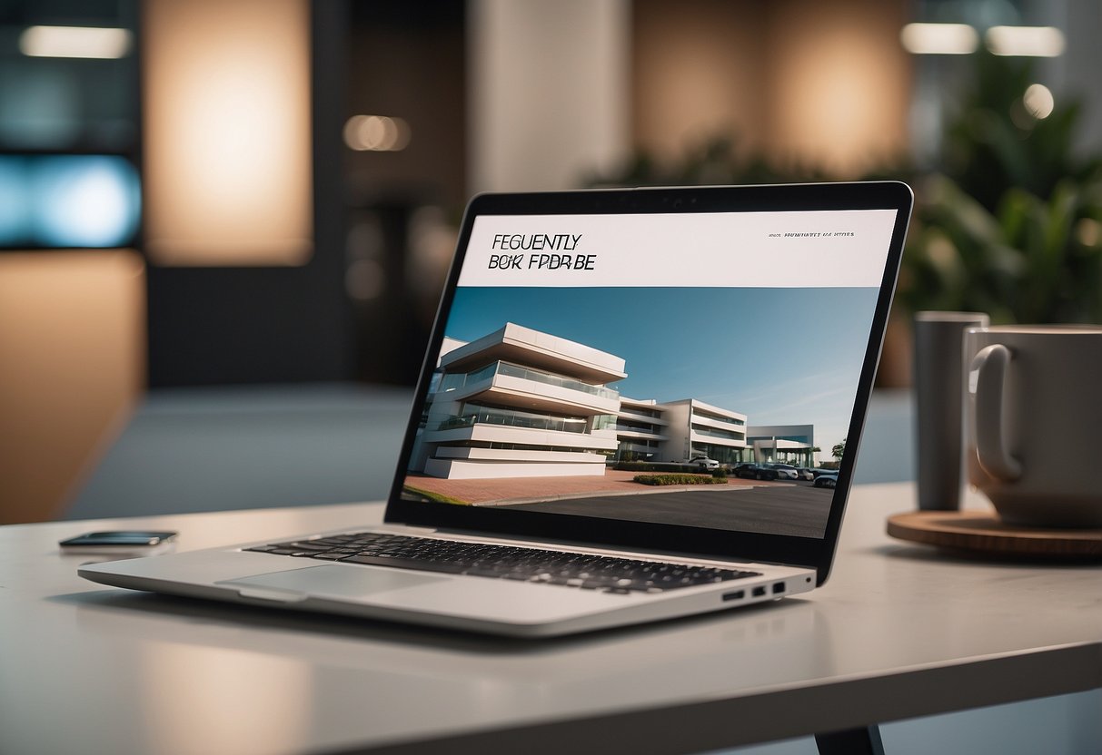 A stack of brochures and a laptop on a desk, with a sign reading "Frequently Asked Questions Bedok Furniture" in a bright, modern showroom
