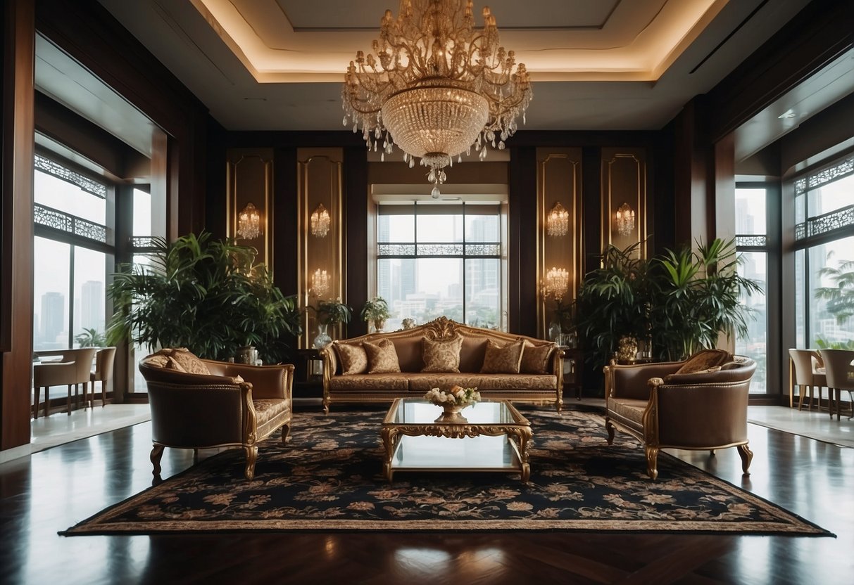 Opulent furniture fills a grand Singaporean interior, exuding royal elegance and luxury