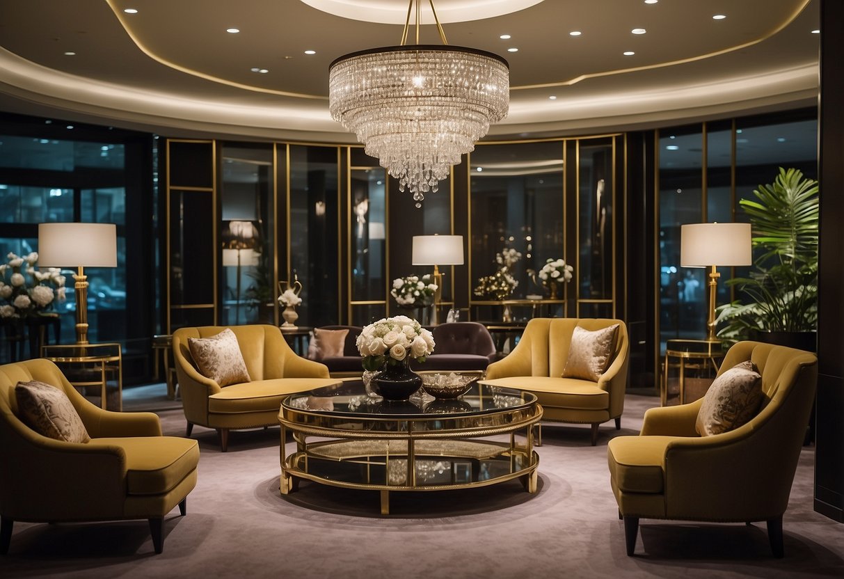 A lavish showroom in Singapore displays opulent furniture and decor, exuding luxury and sophistication. Rich textures and elegant designs fill the space, creating a regal atmosphere