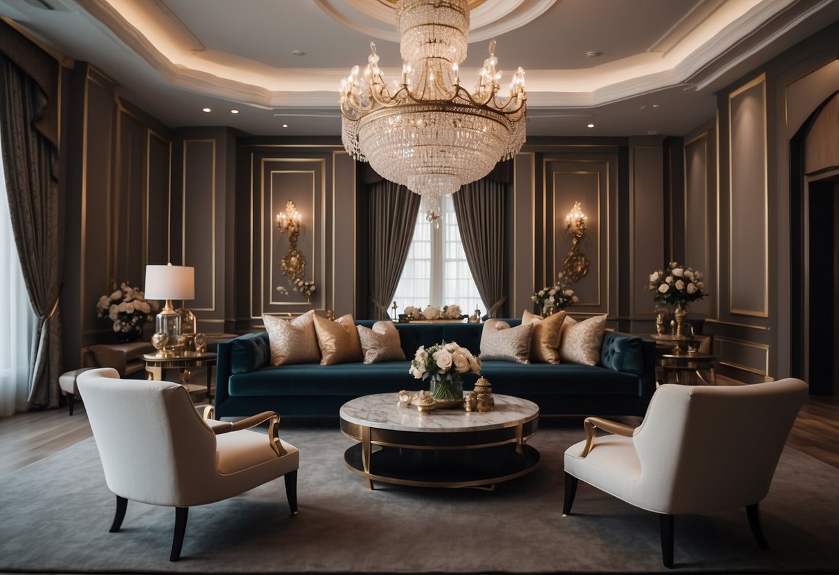 A spacious, elegantly decorated living room with opulent furniture, including a grand chandelier, plush sofas, and ornate coffee tables