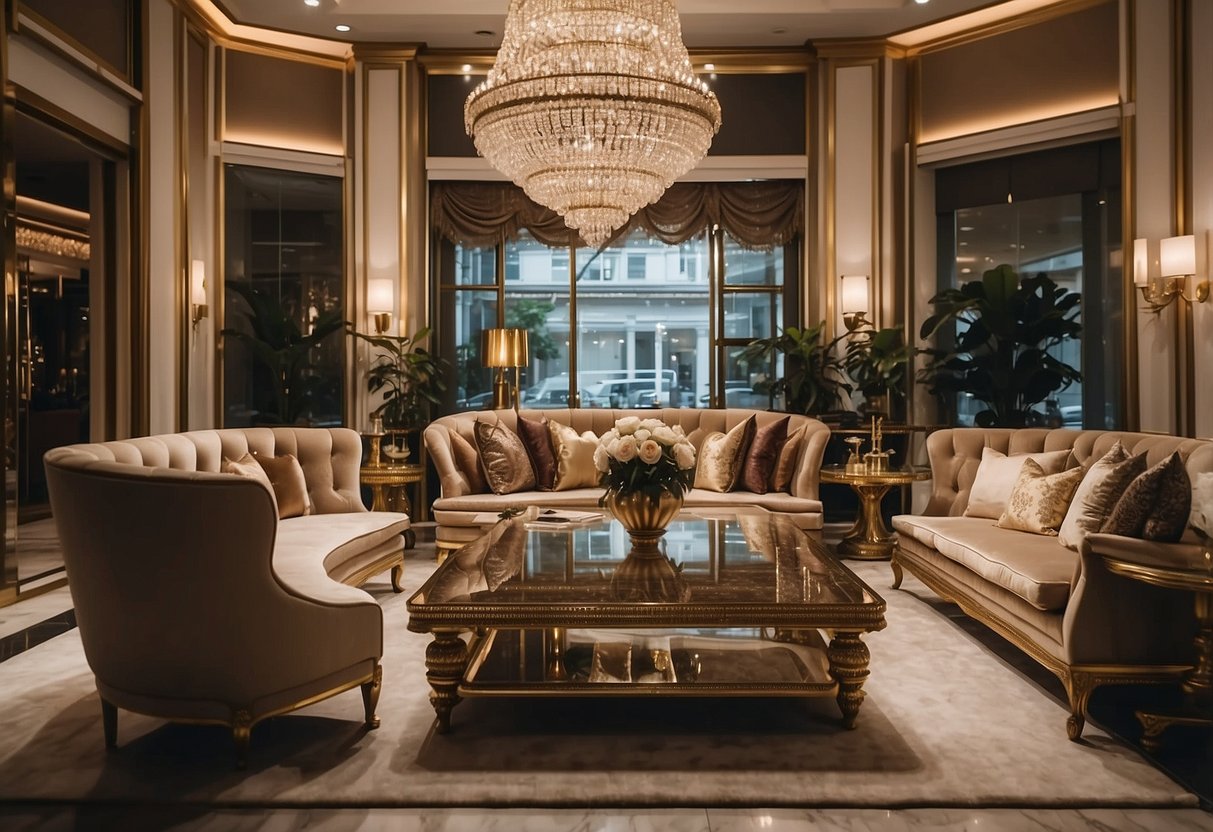A grand, opulent showroom with exquisite luxury furniture and regal interiors. Rich fabrics, ornate details, and elegant designs create a lavish and sophisticated atmosphere