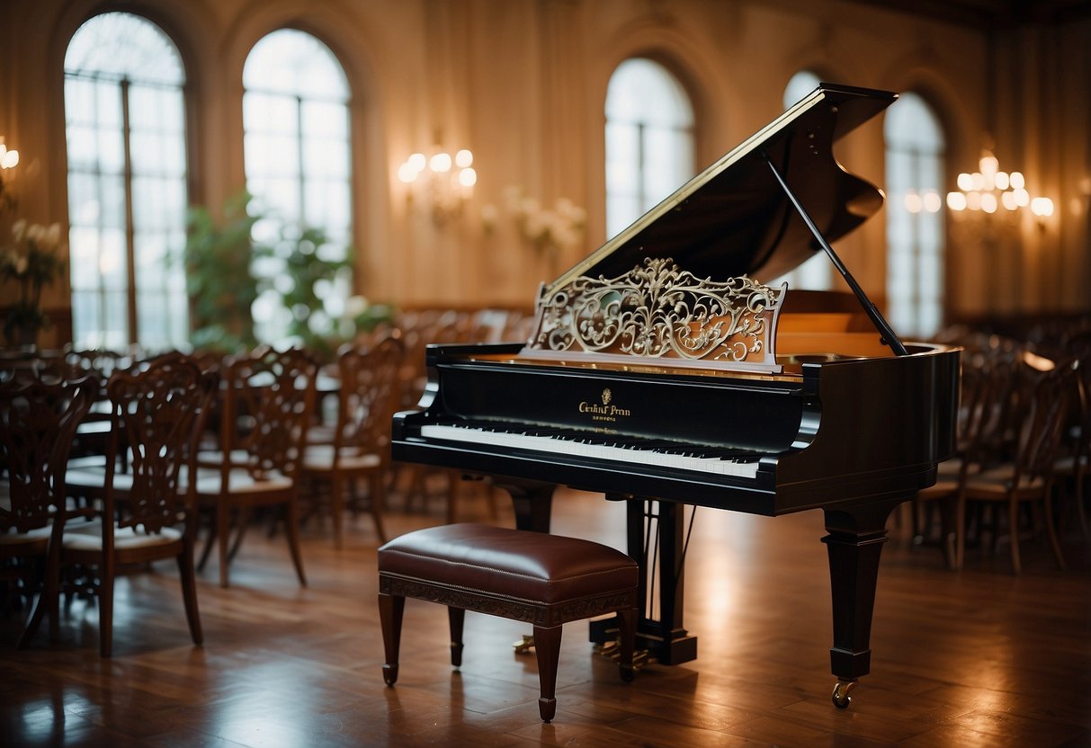 A grand piano sits center stage, surrounded by elegant, antique chairs and ornate music stands. Rich, dark wood and intricate carvings adorn the maestro furniture