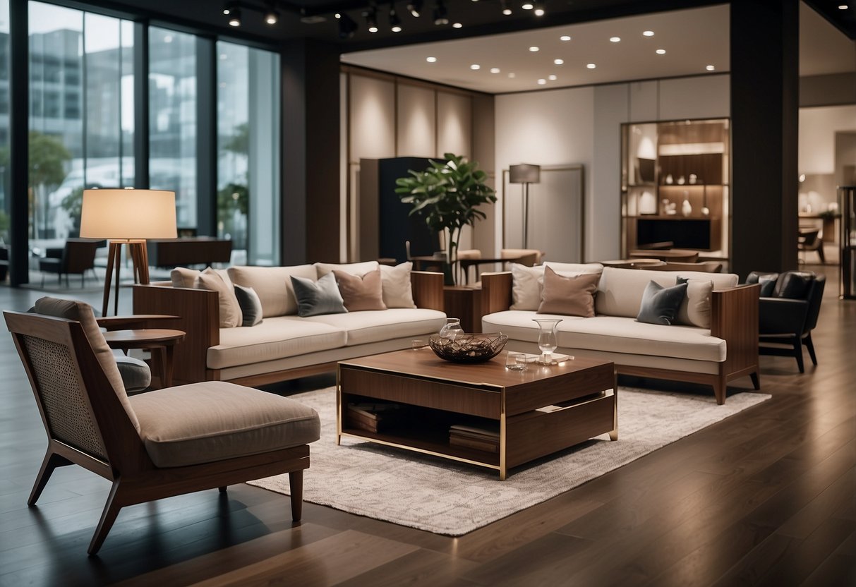 A showroom with sleek, modern furniture displays. Clean lines, rich wood tones, and elegant upholstery create a sophisticated atmosphere