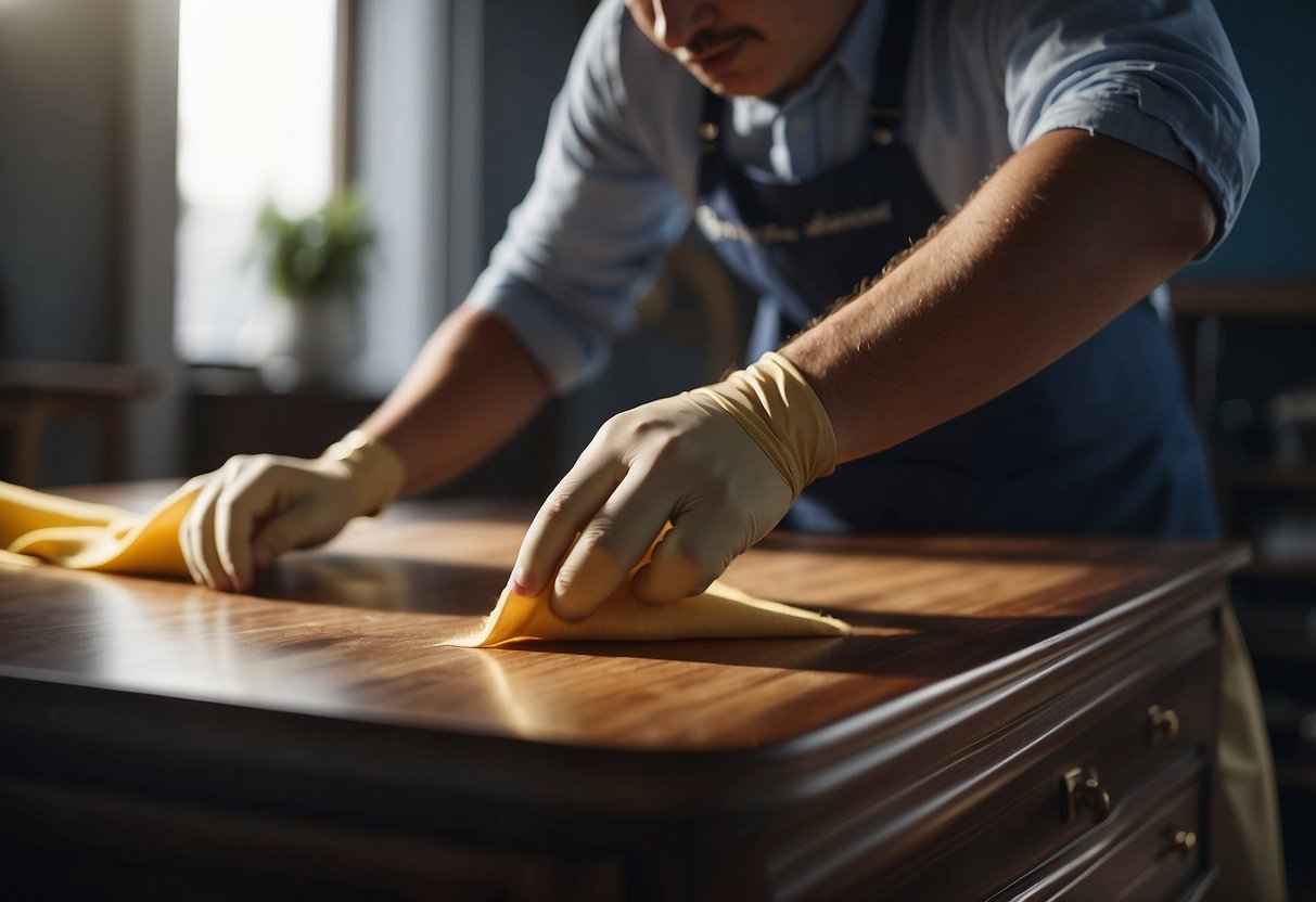 A person carefully dusts and polishes a sleek Maestro furniture piece with a soft cloth, ensuring its pristine condition