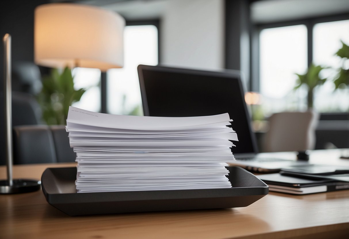 A stack of neatly organized FAQ papers next to a modern, minimalist desk with a sleek Maestro Furniture logo displayed prominently