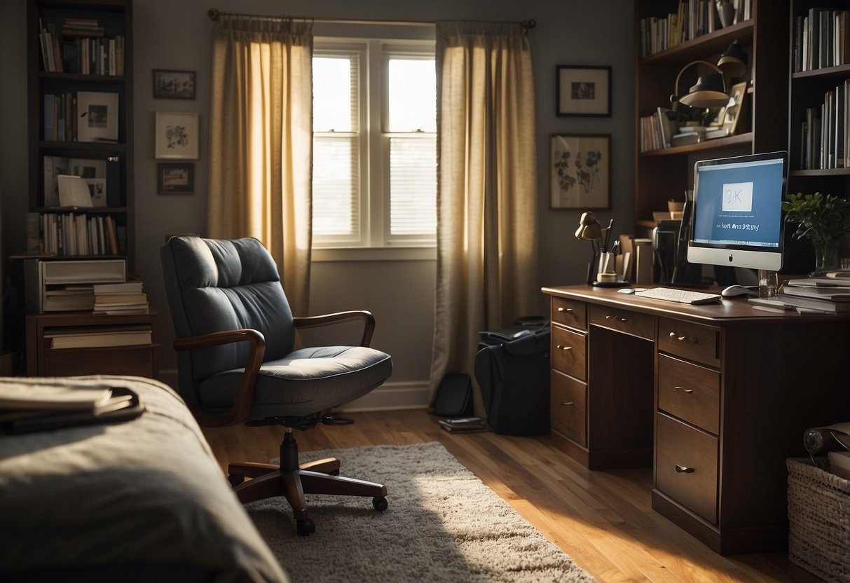 A cluttered bedroom office with a desk, chair, computer, bookshelf, and papers strewn about. Curtains are drawn, and a lamp illuminates the space