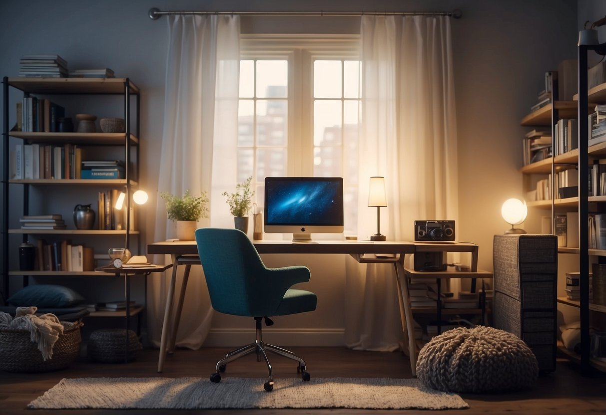A desk with a computer, chair, and lamp. Shelves with books and office supplies. Bed with pillows and a throw blanket. Curtains and a rug