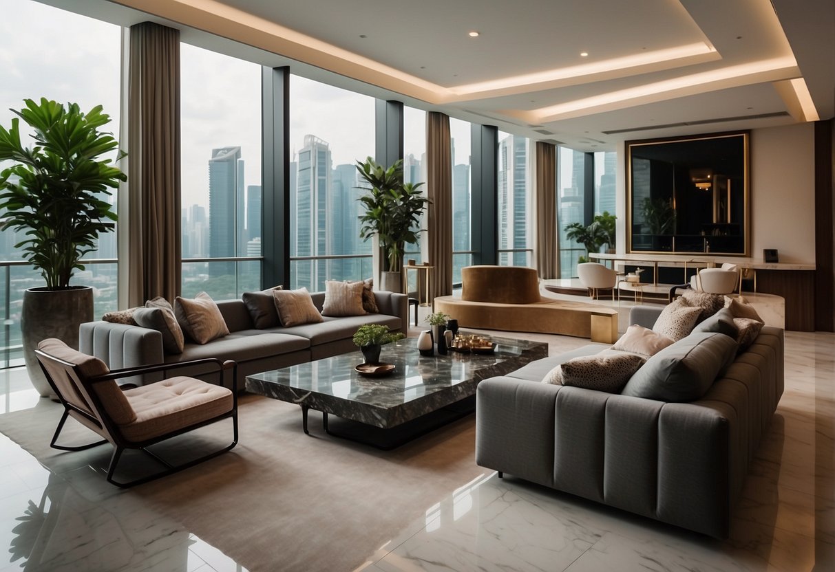 A luxurious living room with sleek marble furniture in Singapore. The room is bathed in natural light, highlighting the elegant and modern design