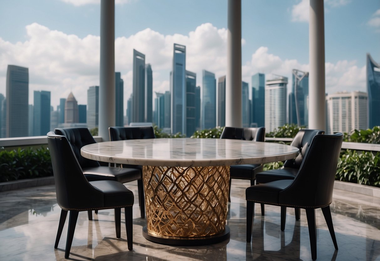 A sleek marble table with intricate patterns, surrounded by elegant chairs, set against a backdrop of modern Singapore skyline