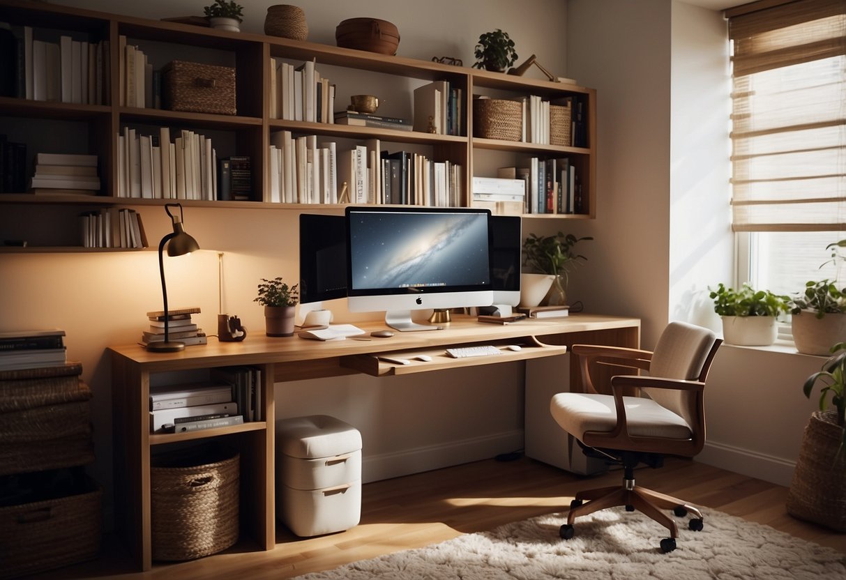 A cozy bedroom office with a sleek desk, ergonomic chair, bookshelves, and a soft rug. Natural light streams in through large windows, illuminating the space