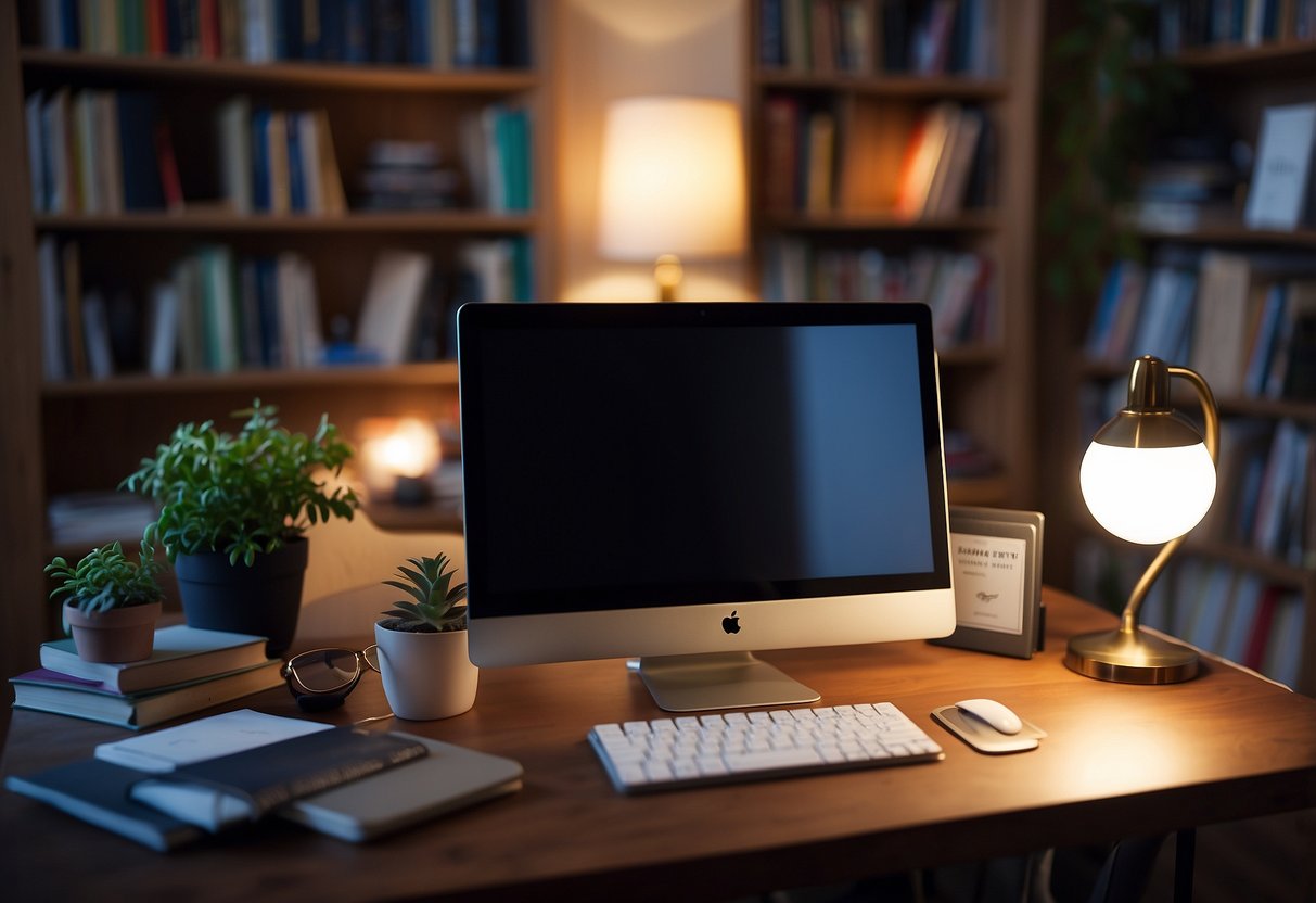 A cozy bedroom with a desk, chair, and bookshelf. A laptop and lamp sit on the desk, while books and files are neatly organized on the shelves