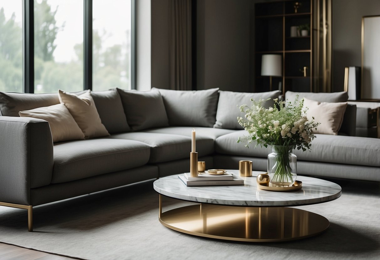 A sleek living room with marble coffee table and side tables, adorned with minimalist decor and soft lighting