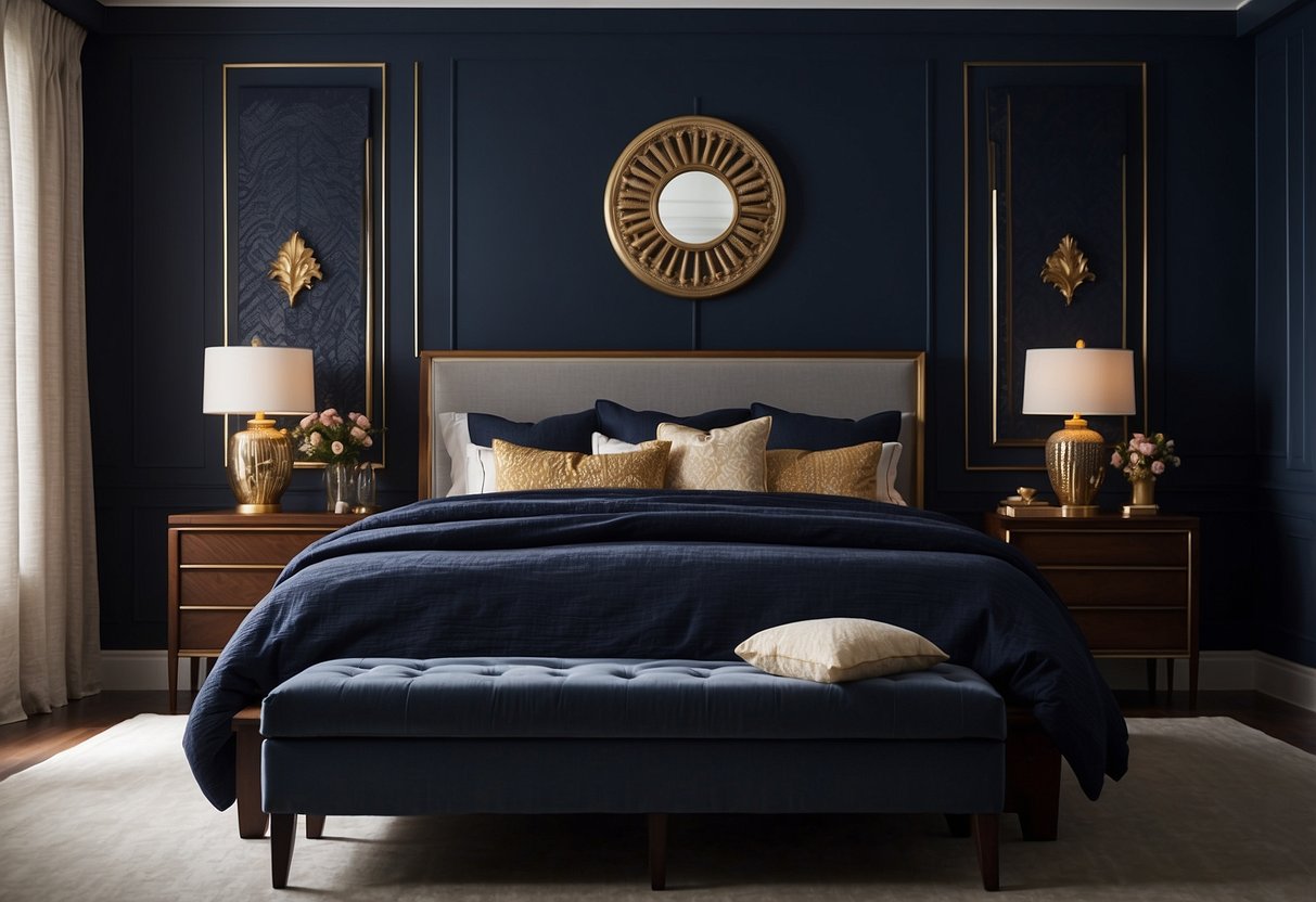 The master bedroom walls are painted a deep navy blue, contrasting with the dark wood furniture. The bed is adorned with rich, burgundy bedding, and the room is accented with gold and silver decor