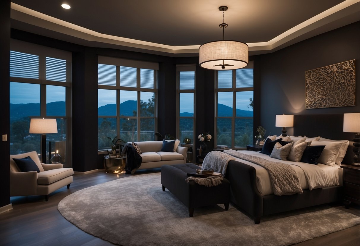 The master bedroom is adorned with dark furniture, complemented by soothing paint colors. Soft, ambient lighting enhances the space, while carefully chosen accessories add a touch of elegance and warmth
