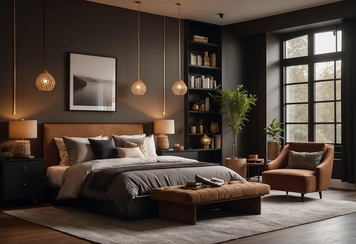 A cozy bedroom with dark furniture, featuring warm, earthy paint colors. The room exudes a sense of comfort and elegance