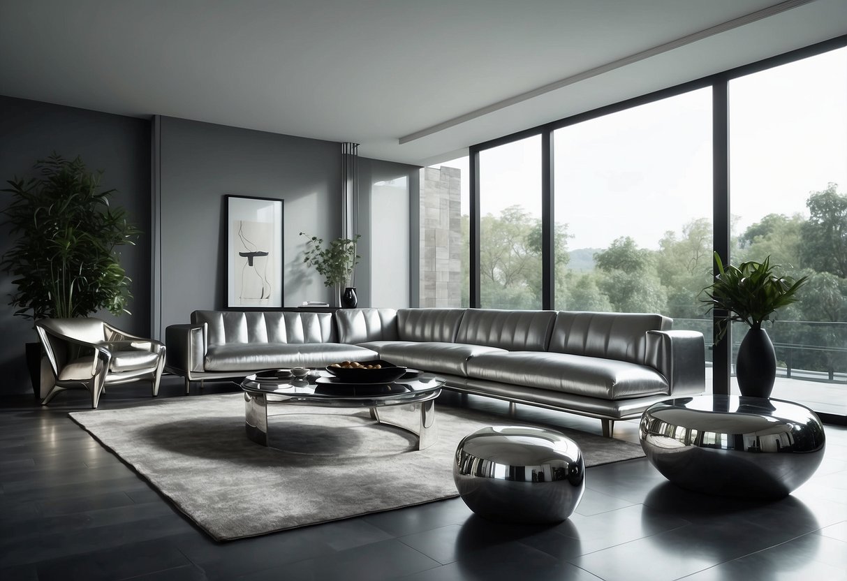 Shiny metallic silver furniture gleams in a minimalist, modern living room