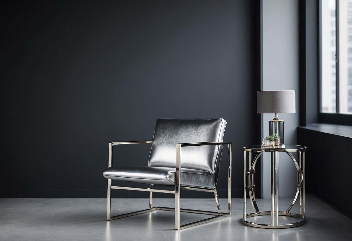 A sleek metallic silver chair and table stand in a modern, minimalist room with clean lines and a monochromatic color palette