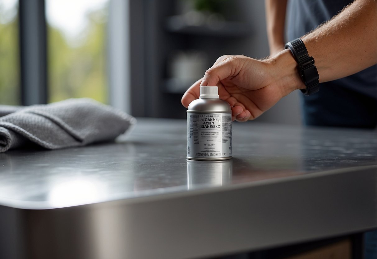 A hand reaches for a cloth, polishing metallic silver furniture with care. A can of maintenance spray sits nearby