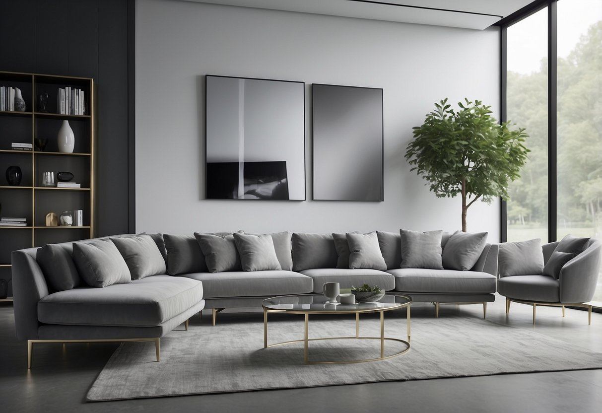 A sleek metallic silver furniture set arranged in a modern, minimalist living room with clean lines and a monochromatic color scheme