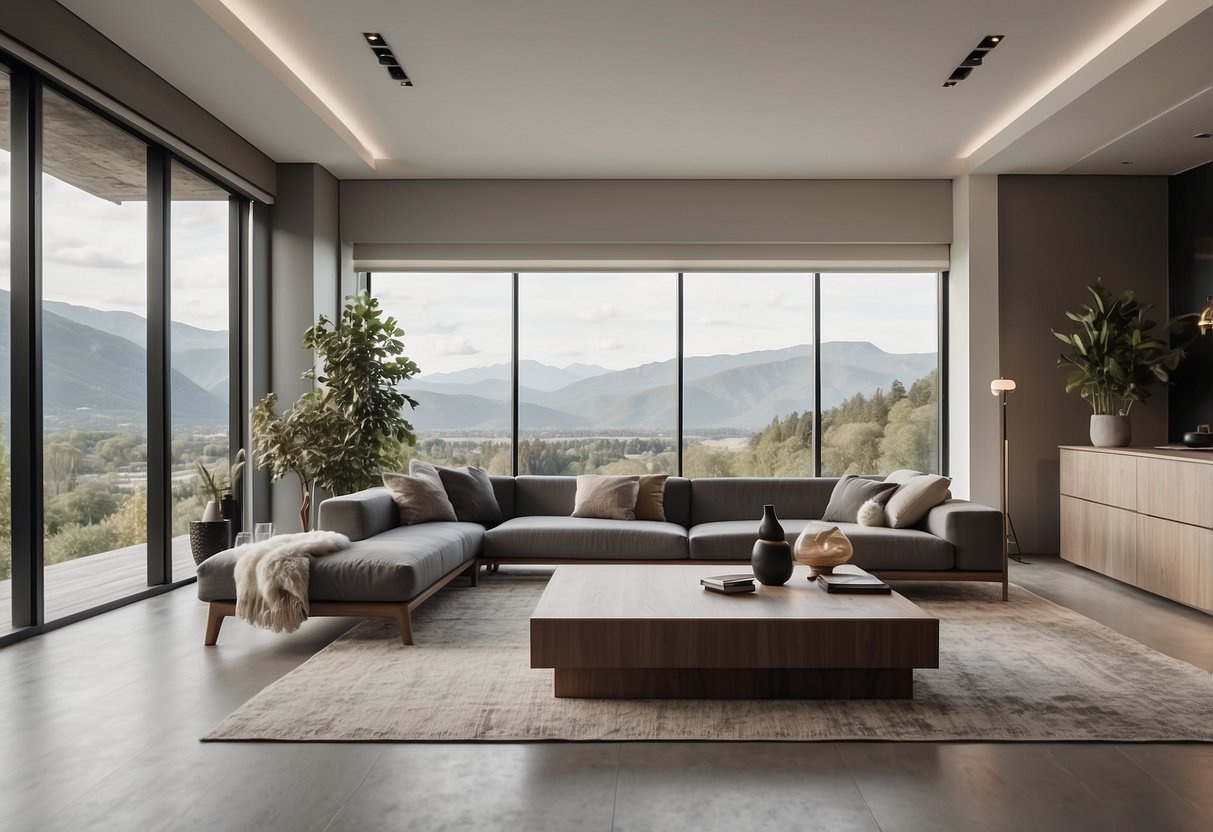 A spacious room with sleek, modern furniture arranged in a minimalist style. Clean lines, neutral colors, and open space create a serene atmosphere
