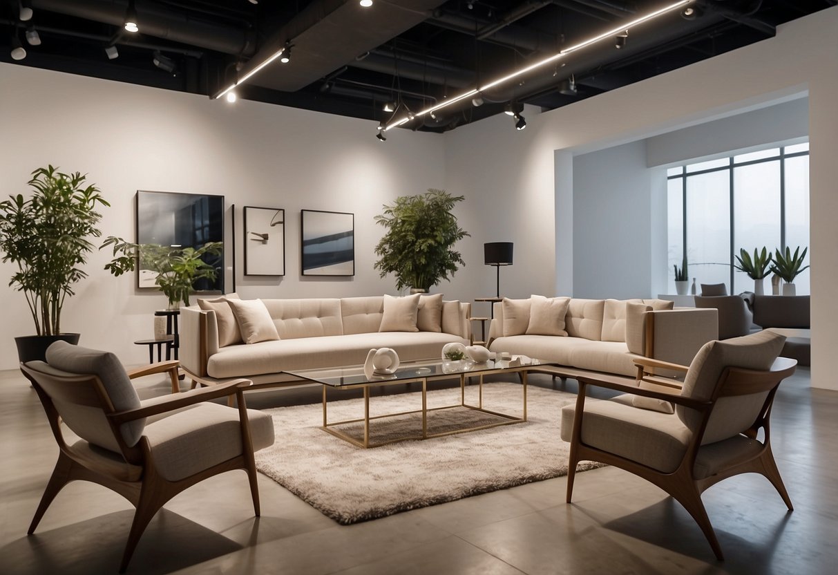 A sleek, clean-lined showroom displays minimalist furniture pieces in neutral tones. Simple, functional designs create a serene, uncluttered atmosphere