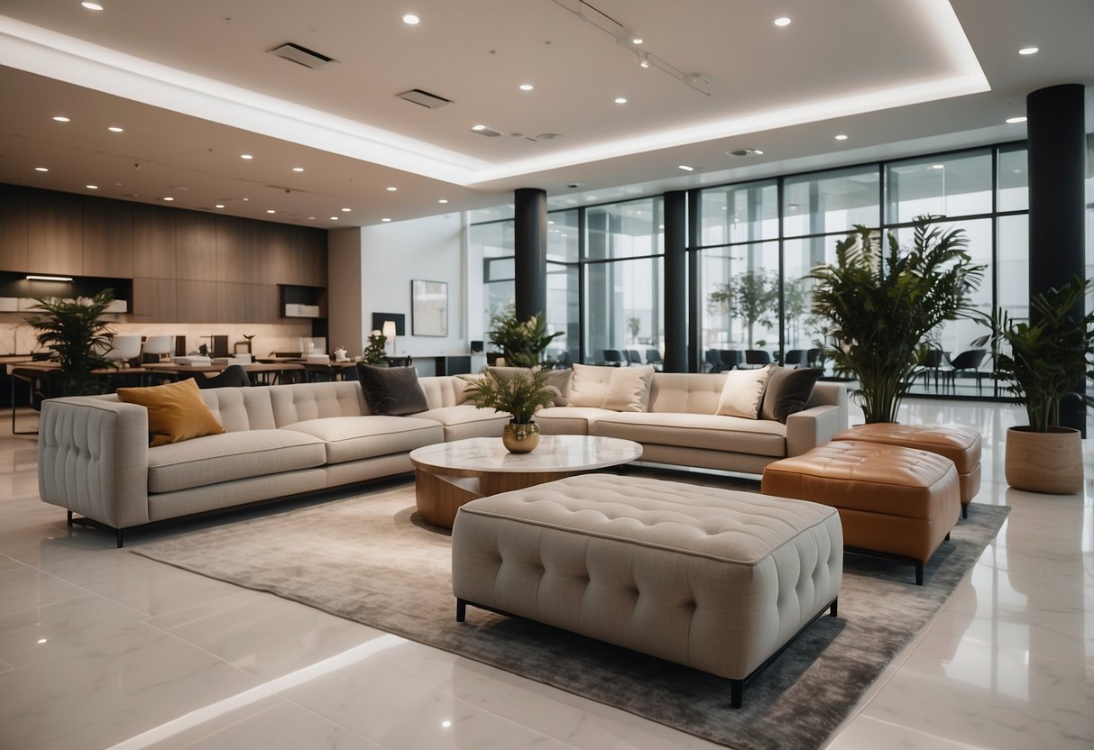A sleek, modern showroom with clean lines and neutral colors. Simple, elegant furniture displayed in a spacious, well-lit setting