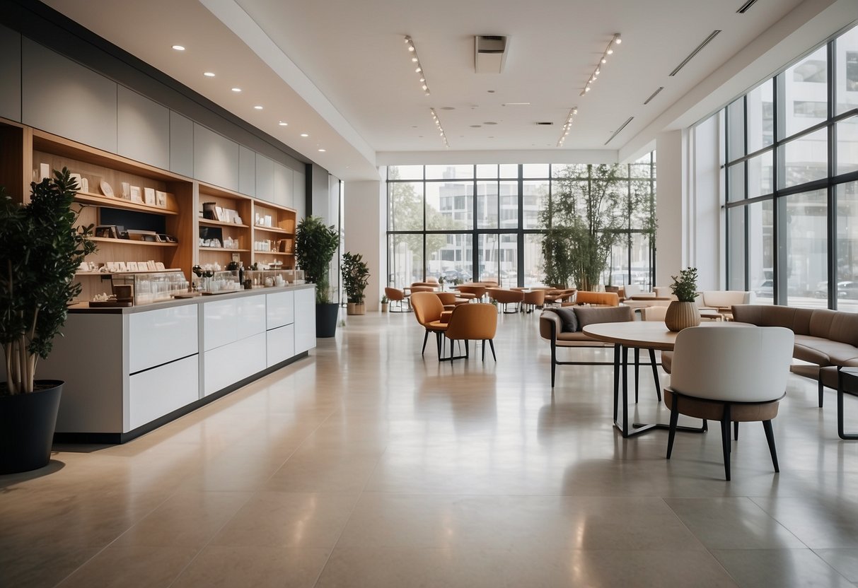 A clean, modern storefront with sleek signage and large windows. Inside, simple, stylish furniture is neatly displayed with minimalist decor
