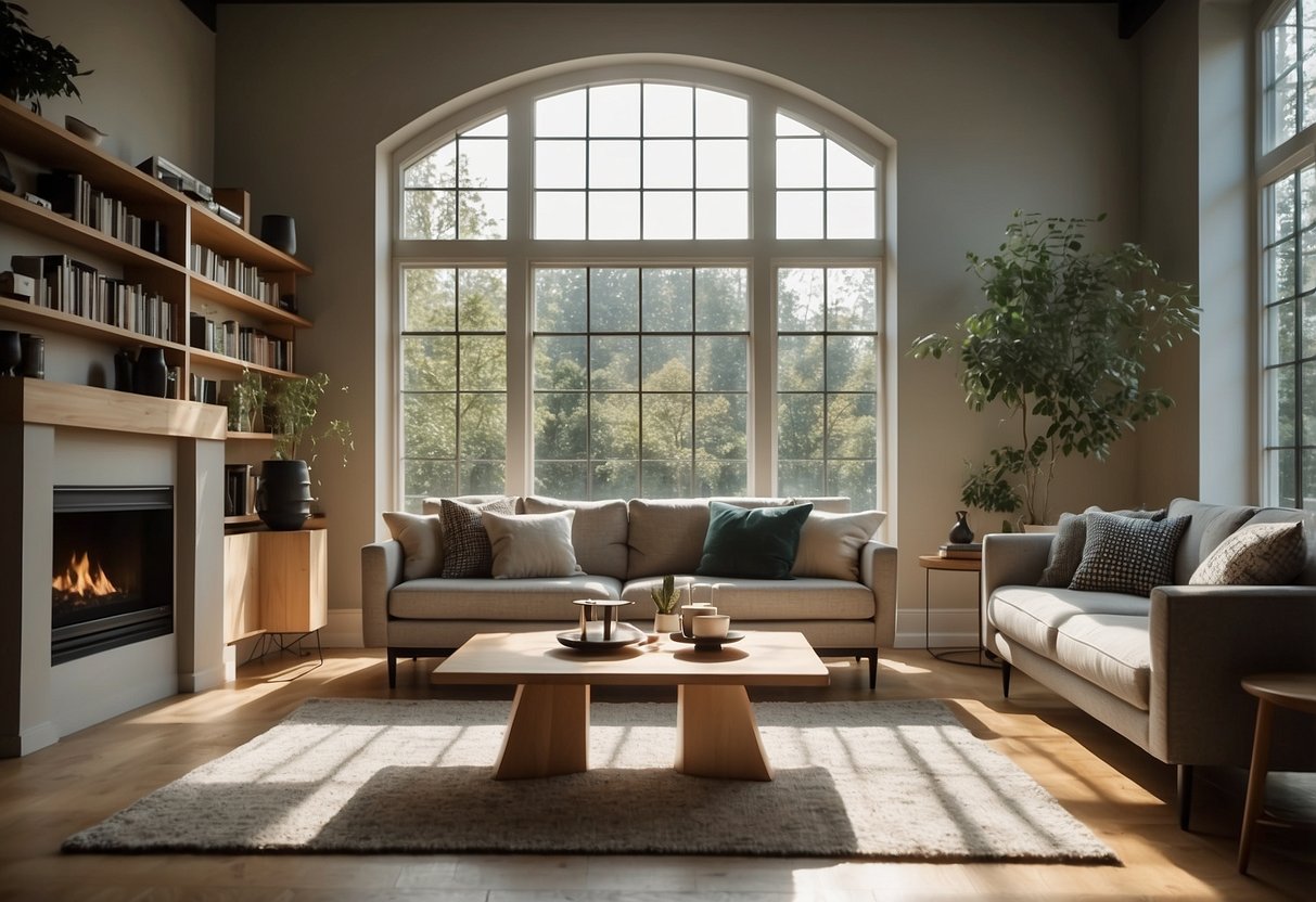 A cozy living room with a modern Mocka sofa, coffee table, and bookshelf. Natural light streams in through large windows, illuminating the stylish furniture