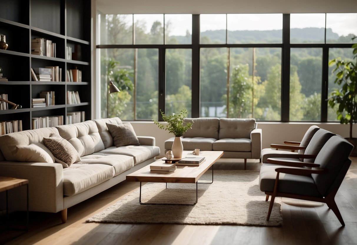A room with modern mocka furniture, including a stylish sofa, coffee table, and bookshelf. Bright natural light streams in through large windows, creating a warm and inviting atmosphere