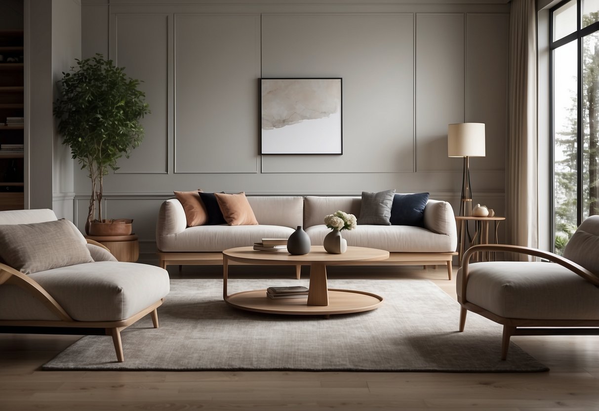 A sleek, minimalist living room with clean lines and neutral colors. A mix of modern and contemporary furniture, featuring angular shapes and smooth surfaces