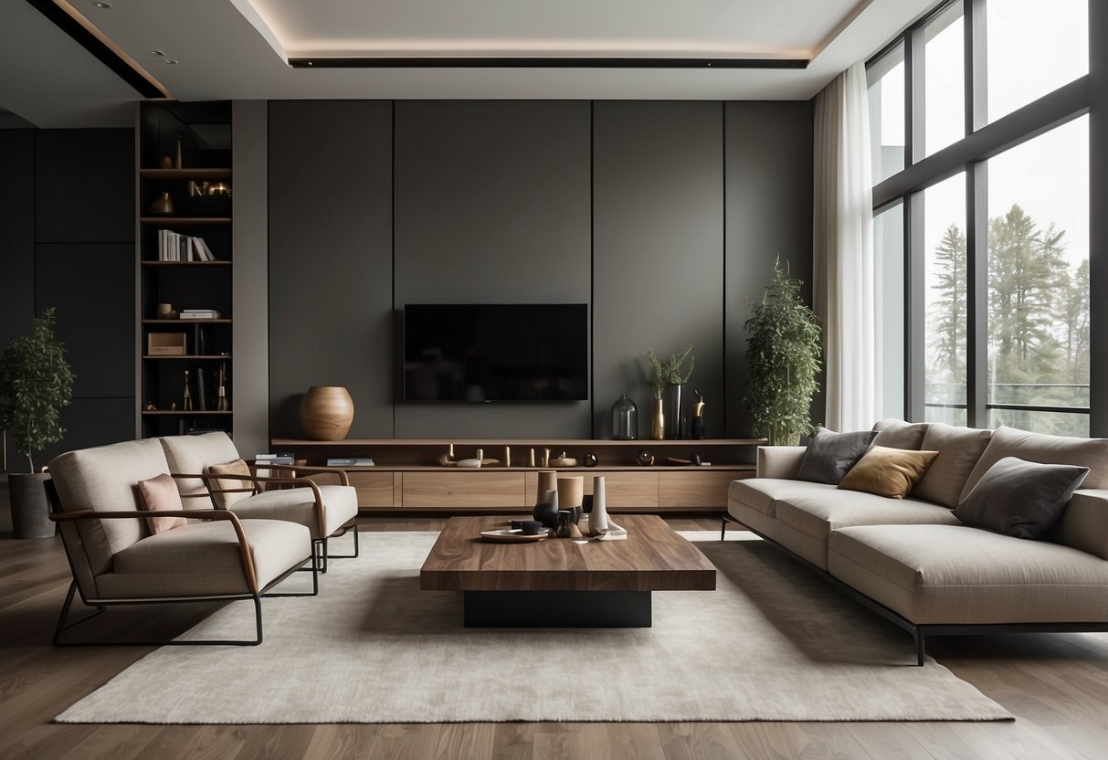 A sleek, minimalist living room with clean lines and neutral colors. A mix of materials such as metal, glass, and wood create a sophisticated and modern atmosphere