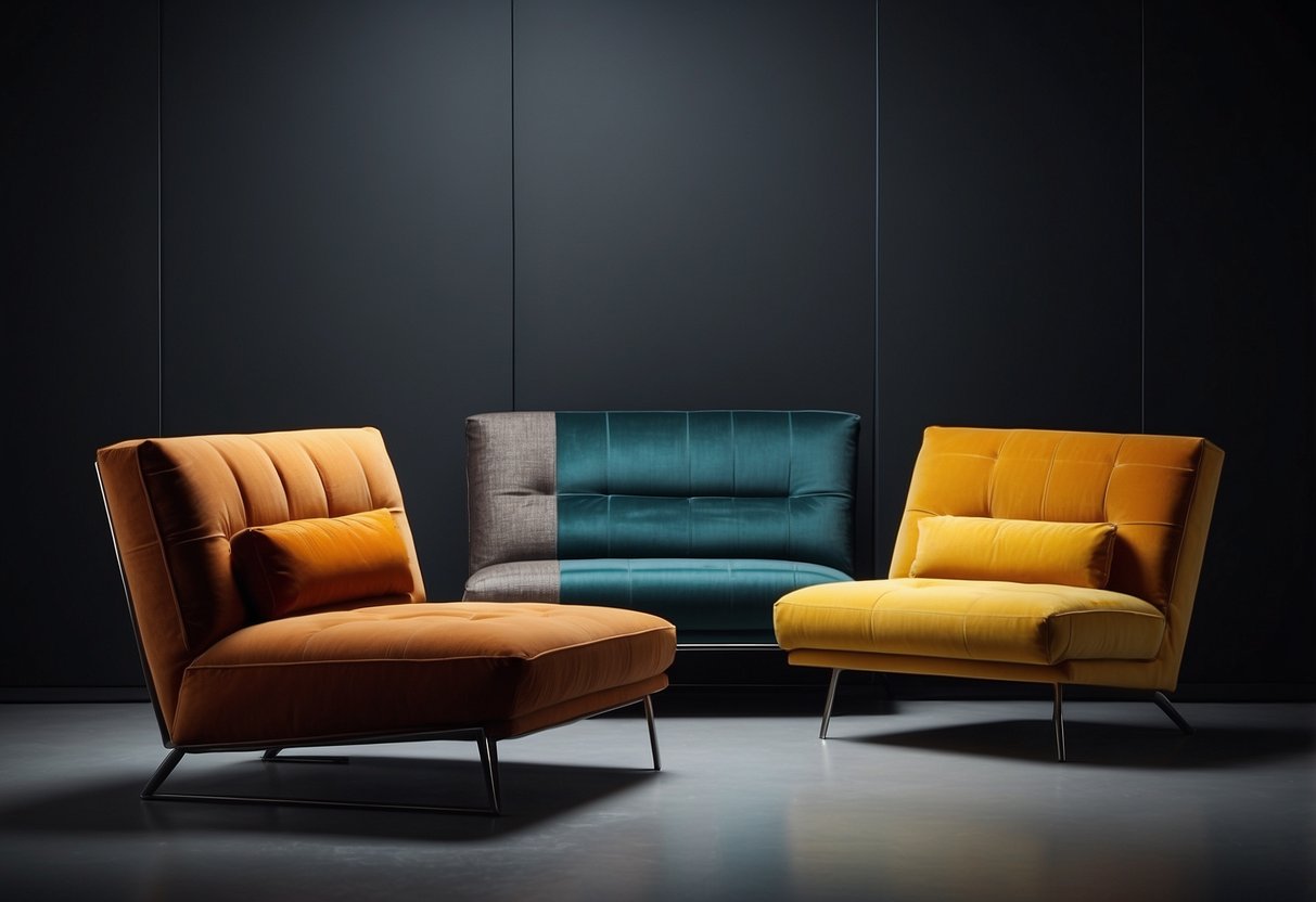A sleek, minimalist modern chair contrasts with a bold, colorful contemporary sofa. The modern chair is made of metal and leather, while the contemporary sofa features plush fabric and geometric patterns