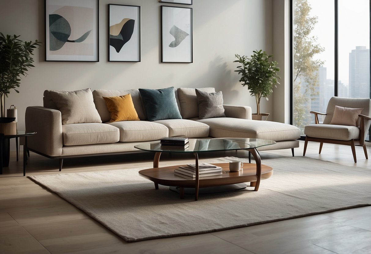 A sleek, minimalist living room with clean lines and neutral colors. A mix of modern and contemporary furniture pieces, including a mid-century sofa and a glass coffee table