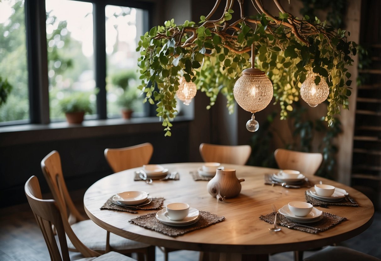 A wooden table surrounded by leaf-shaped chairs, with a vine-patterned rug and a tree branch chandelier overhead
