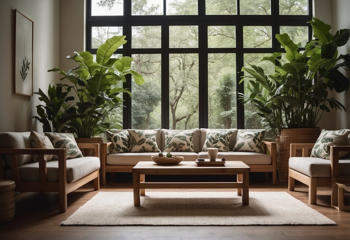 A cozy living room with wooden furniture, adorned with leaf-patterned cushions and a tree branch coffee table, surrounded by potted plants and natural light