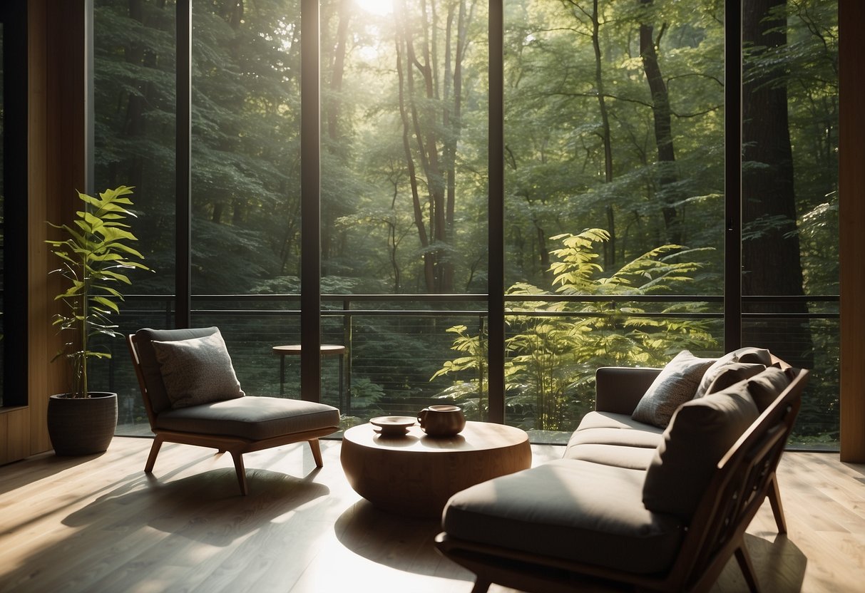 Lush forest backdrop with sunlit trees, showcasing nature-inspired furniture pieces in a cozy outdoor setting