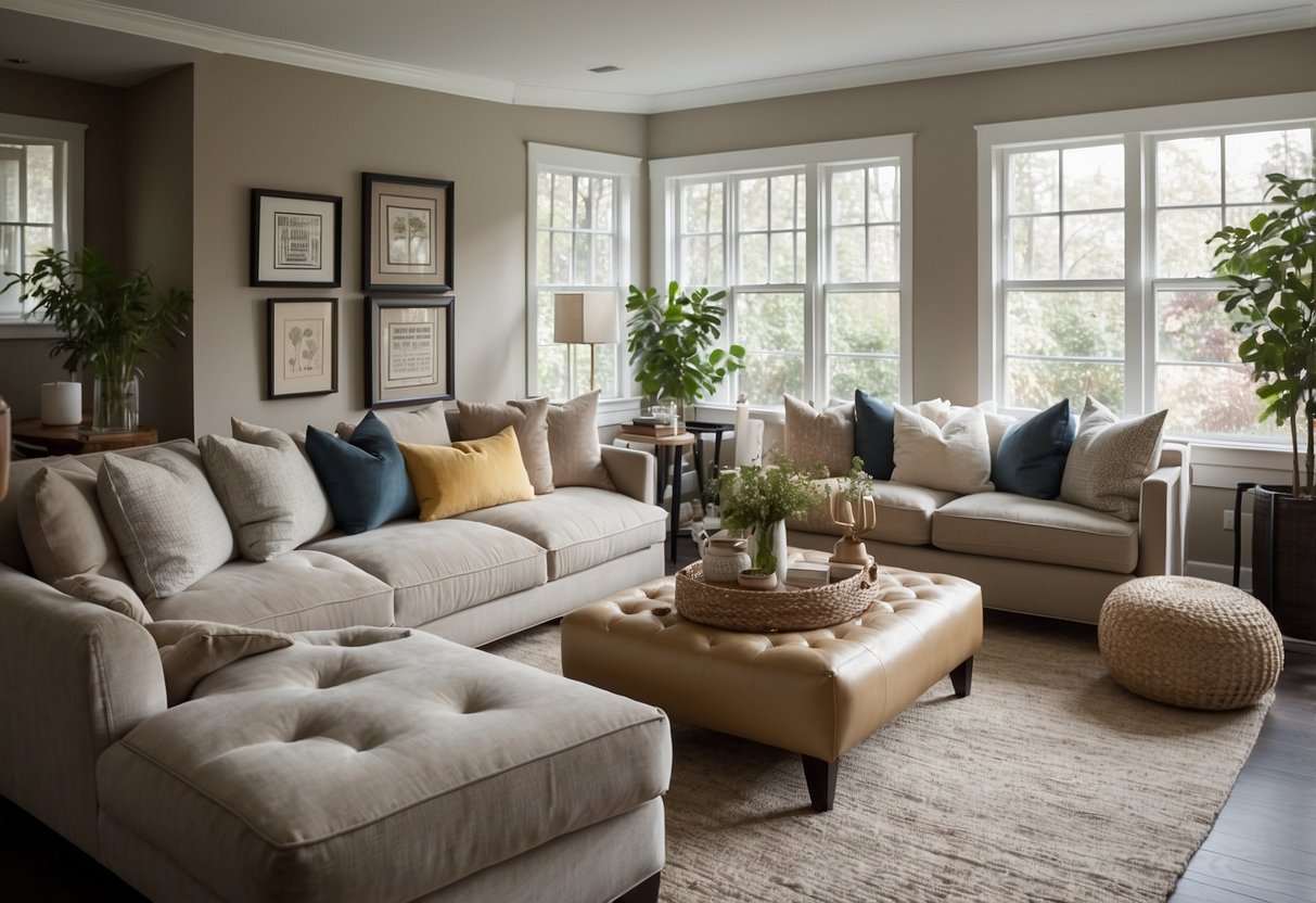 A cozy living room with a sleek, modern sofa, positioned to maximize space and comfort. Bright, natural light fills the room, with a few decorative pillows adding a pop of color to the neutral-toned sofa