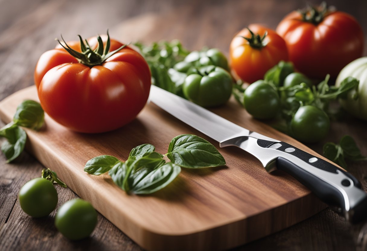 A ripe tomato sits on a cutting board with a knife beside it. A nutrition label displays calorie information in the background