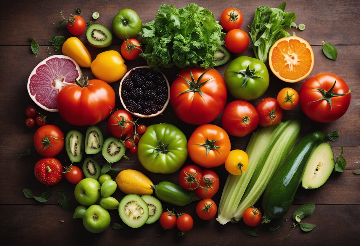 A vibrant red tomato surrounded by a variety of colorful fruits and vegetables, with a nutrition label showing calorie information