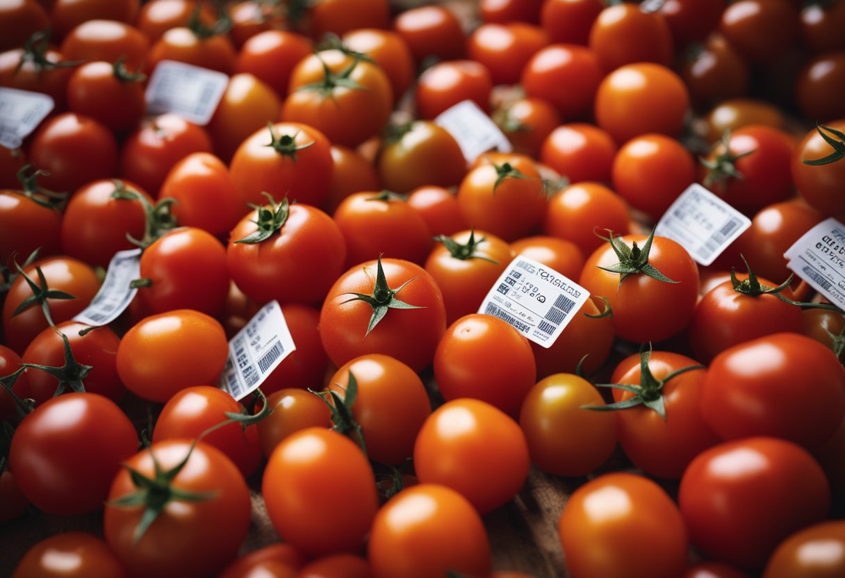 A pile of ripe tomatoes with a nutrition label showing calorie content