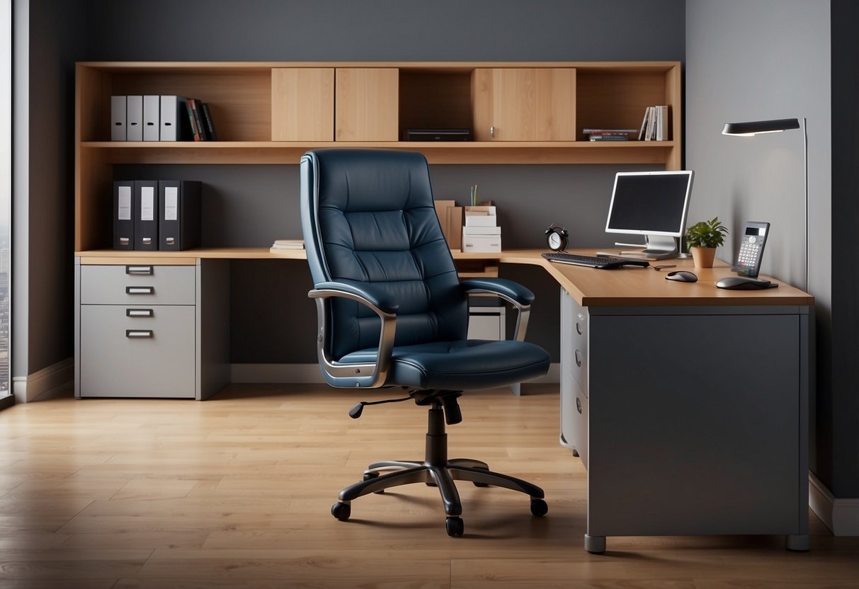 A desk, chair, and filing cabinet in standard dimensions fill the office space. The desk is 30 inches high, the chair is 18 inches wide, and the filing cabinet is 52 inches tall