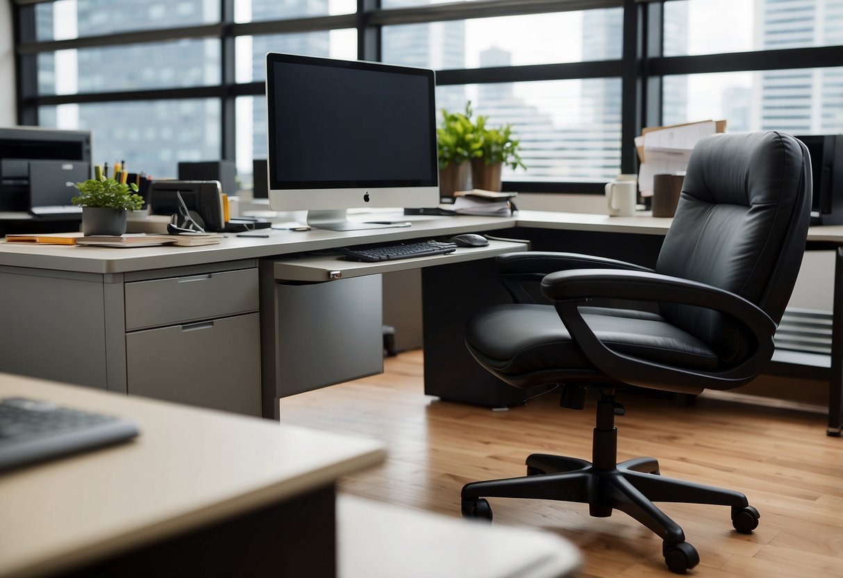 The office station furniture includes a desk, chair, filing cabinet, and computer monitor. The desk is cluttered with papers and office supplies. The chair is ergonomic and adjustable. The filing cabinet is metal and has several drawers. The computer monitor is sleek