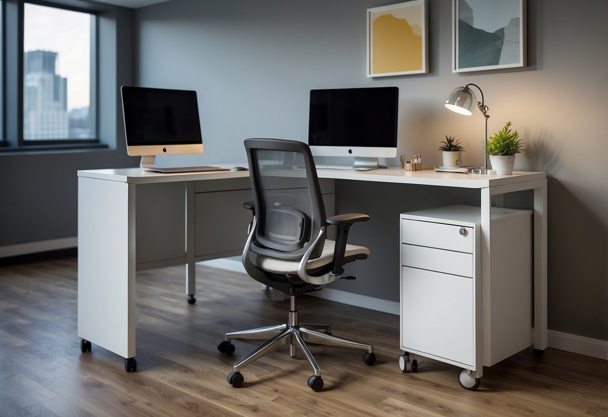 A desk (30"H x 60"W x 30"D) with a chair (18"H seat) and filing cabinet (30"H x 18"W x 24"D) in an office setting