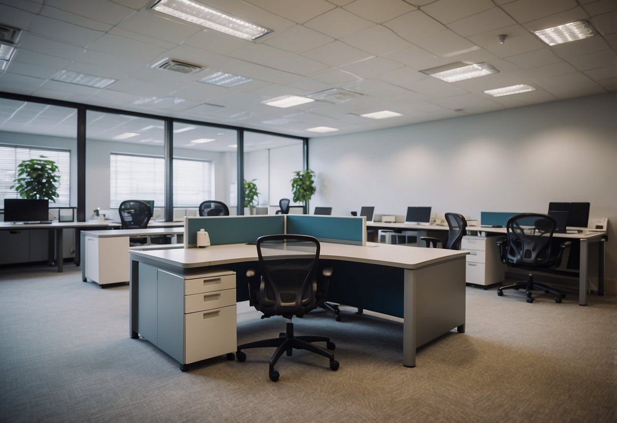 A spacious office with desks and chairs arranged according to standard dimensions. Considerations for layout and planning evident in the placement of furniture