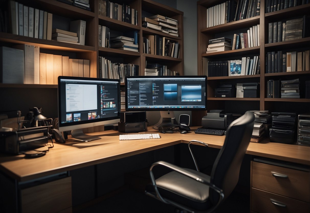 A modern office desk with a computer, chair, and organizer, surrounded by shelves with books and files