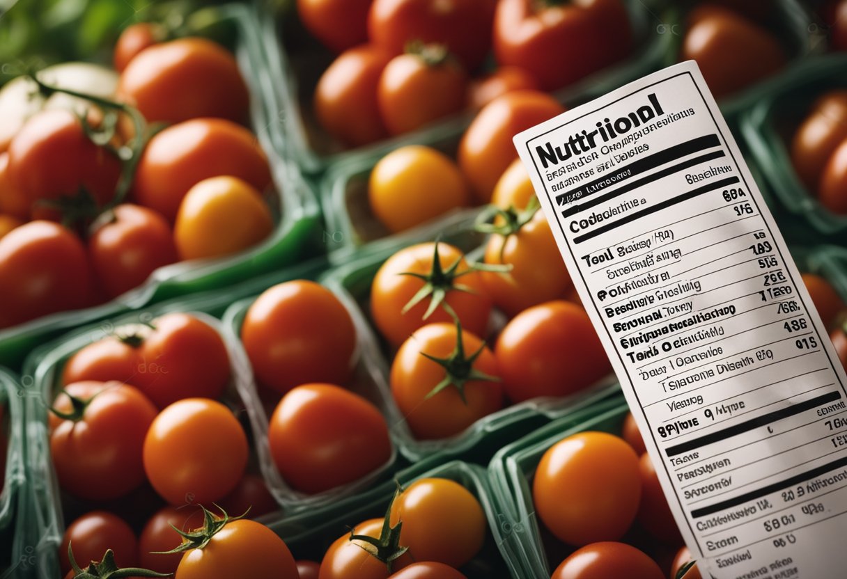 Ripe tomatoes arranged with a nutrition label in the background