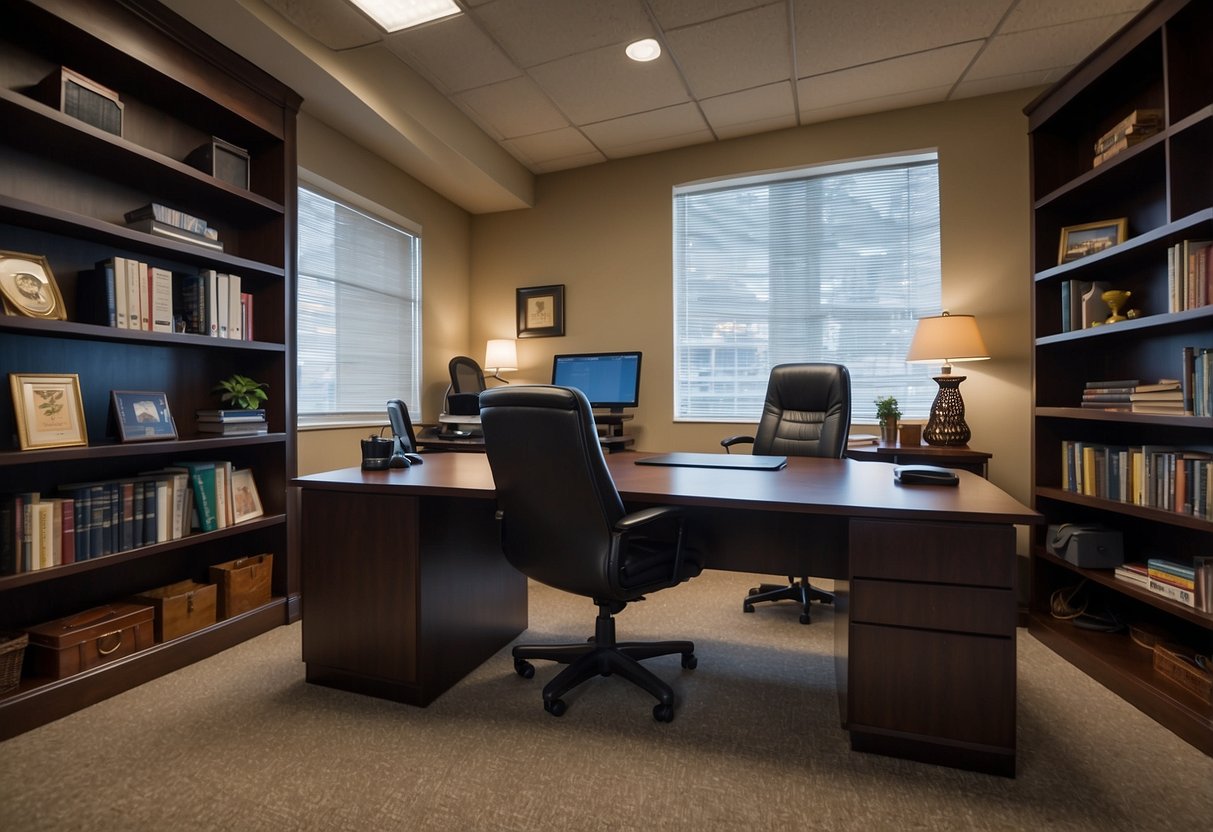 A desk, chair, and bookshelf are arranged in an office setting. The desk measures 60 inches in length, the chair is 18 inches wide, and the bookshelf is 72 inches tall