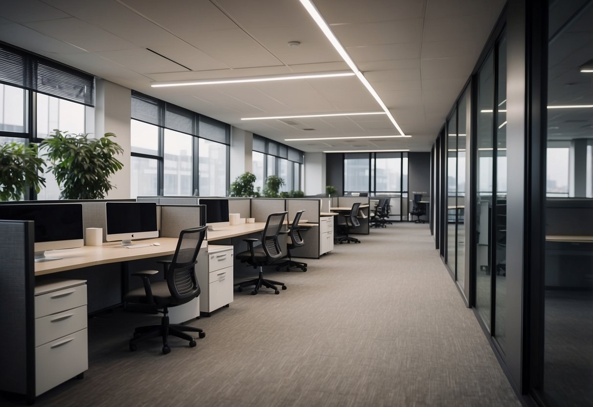 A modern office station with collaborative furniture, partition walls, and soundproofing for privacy