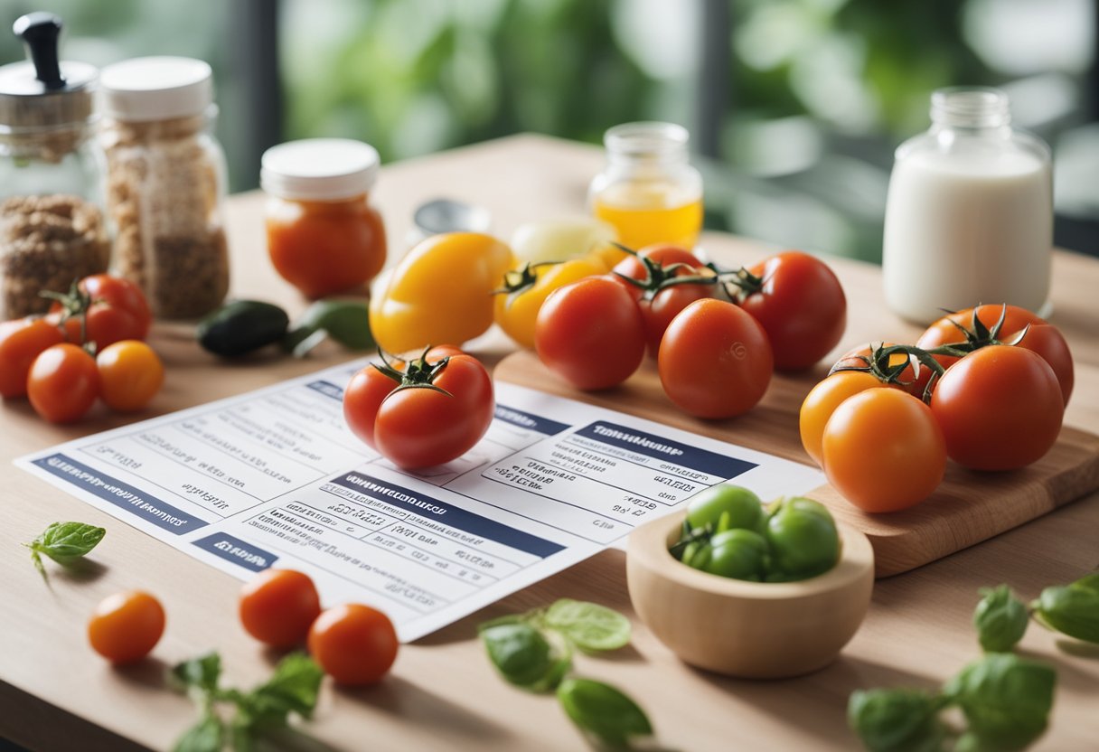 A table with a variety of tomatoes, surrounded by nutrition labels and a chart showing their vitamin and mineral content